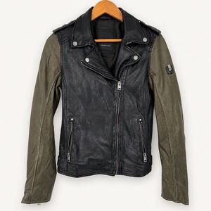 Mauritius Lamb Leather Moto Jacket Womens Small US 6 Black Green Biker Edgy Rock